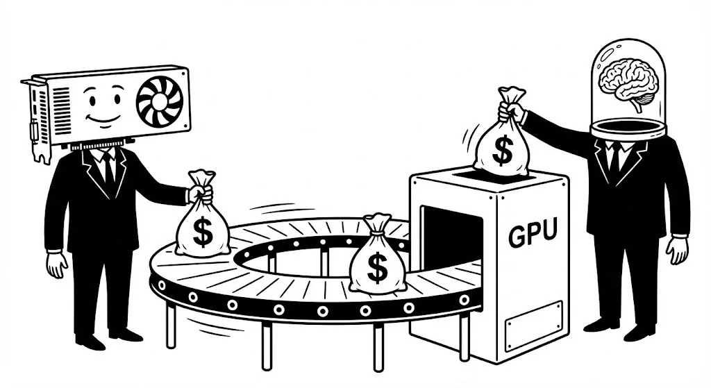 Illustration de la boucle de financement circulaire : Nvidia, GPU, cerveau, argent