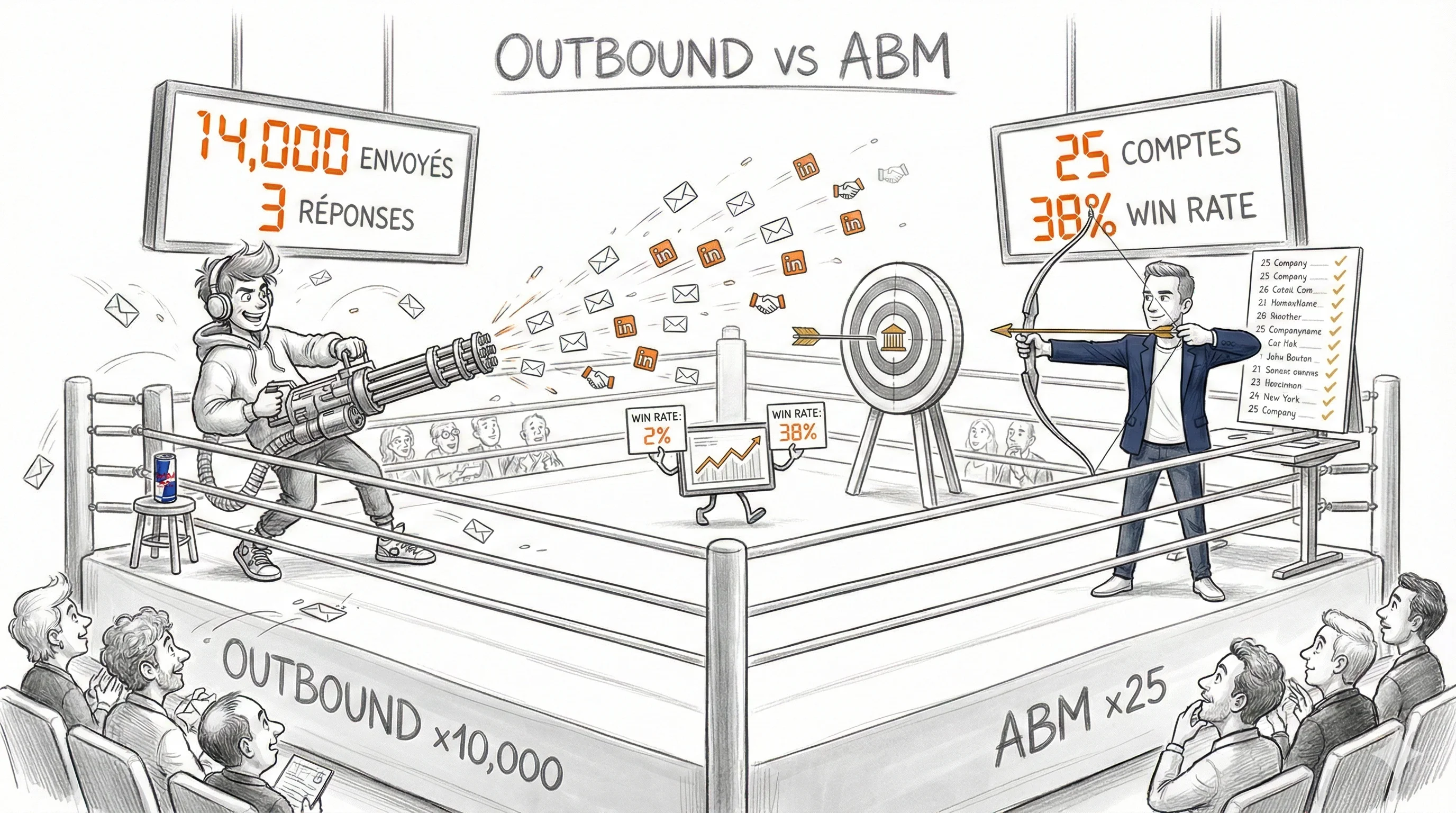 Comparaison visuelle ABM ciblage précis versus outbound B2B volume prospection commerciale