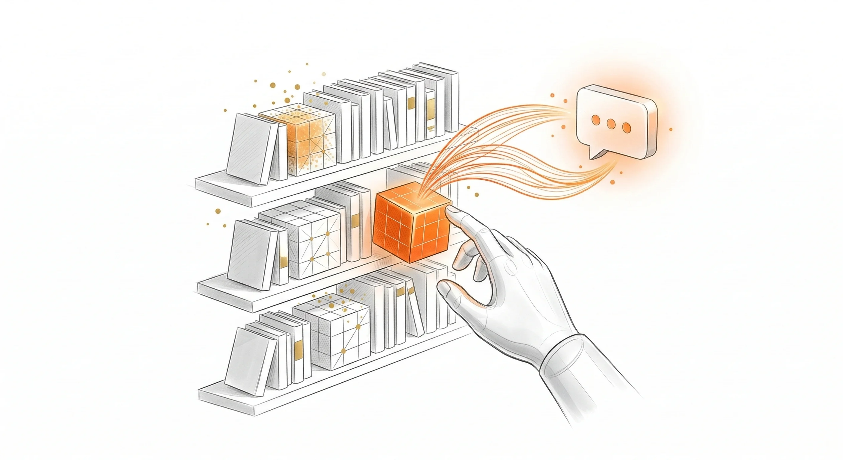 Main selectionnant un bloc de donnees parmi une bibliotheque de contenus pour alimenter une IA generative - illustration du mecanisme RAG