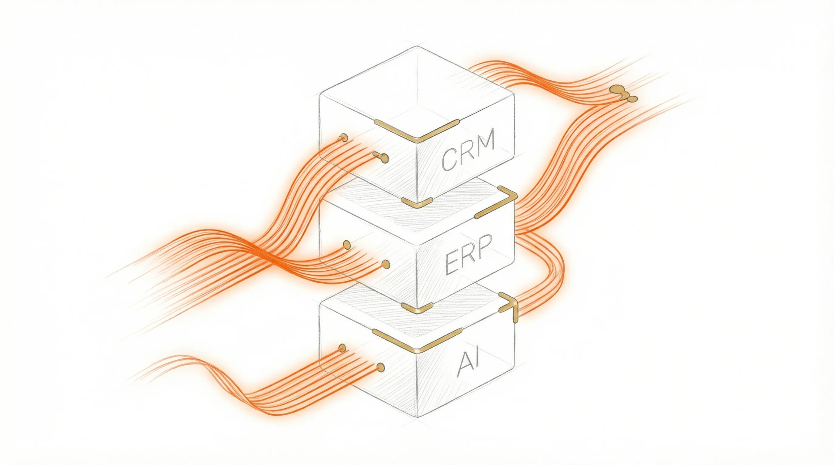 Architecture 3D d'une revenue stack modulaire intégrant CRM, ERP et IA